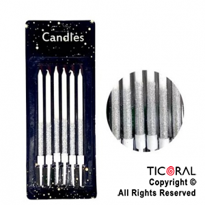 VELA GIBREADA 10 CM DUO COLOR PLATA BLANCO CON PORTAVELA x 6 UNIDADES